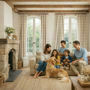 Family relaxing together in a light, comfortable living room with an air purifier supporting clean indoor air for everyday home living.