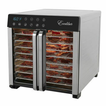 Excalibur 8 Tray Select dehydrator loaded with meat strips for drying biltong or jerky.