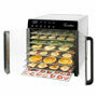 Excalibur 8 Tray Select dehydrator open with trays loaded with sliced fruit and vegetables.