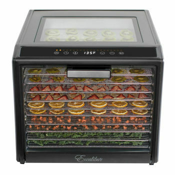 Front view of the Excalibur 10-Tray Performance Digital Dehydrator loaded with fruit, vegetables, and herbs.