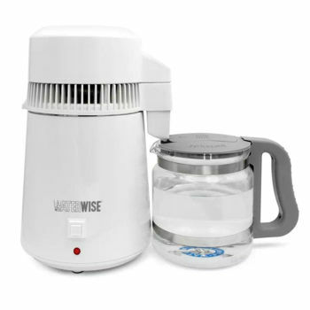 Waterwise 4000 countertop water distiller with borosilicate glass collector jug on a white background.