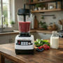 Person adding ingredients to an OmniBlend blender on a kitchen counter with various fruits and vegetables.