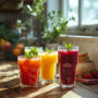 Colourful fresh smoothies made in an Omniblend blender and served in glass tumblers on a sunlit wooden kitchen table with plants and natural textures.