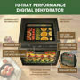 Excalibur 10-Tray Performance Digital Dehydrator showing Hyperwave technology, Parallax airflow, LED controls, top viewing window, and hideaway door.