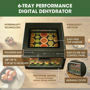 6-tray performance digital dehydrator with features highlighted on a wooden surface.
