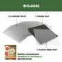 Set of 10 chrome trays, crumb tray, plastic mesh tray and digital recipe book included with the Excalibur 10 Tray Select Series.