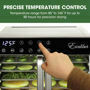 Excalibur food dehydrator with digital control panel and temperature settings, showing a hand adjusting the temperature.