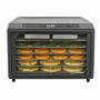 Excalibur food dehydrator with digital display and multiple trays of food on a white background